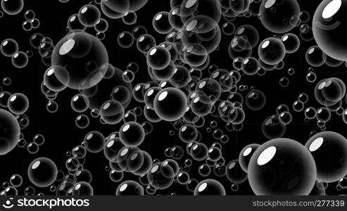 Transparent soap bubbles with reflection isolated on black background. 3d abstract illustration