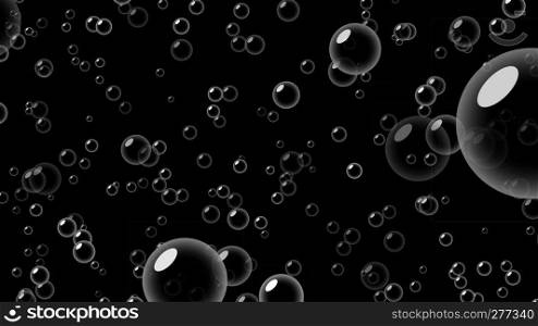 Transparent soap bubbles with reflection isolated on black background. 3d abstract illustration