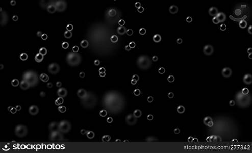 Transparent soap bubbles with reflection isolated on black background. 3d abstract illustration
