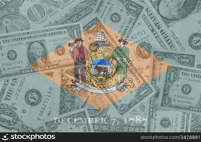transparent united states of america state flag of delaware with dollar currency in background symbolizing political, economical and social government