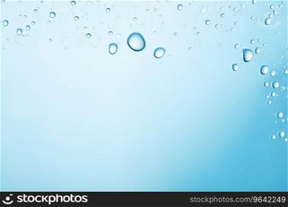 Transparent water drops on blue background. Realistic liquid. Abstract backdrop. Empty, copy space for text. Generative AI. Transparent water drops on blue background. Realistic liquid. Abstract backdrop. Empty, copy space for text. Generative AI.