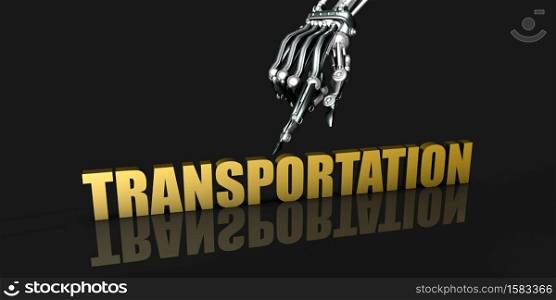 Transporation Industry with Robotic Hand Pointing on Black Background. Transporation Industry