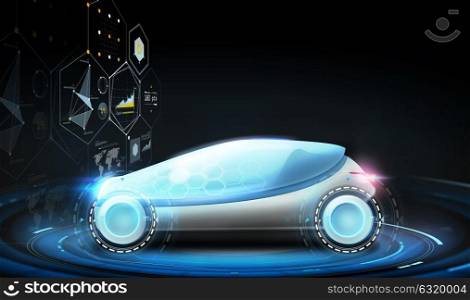 transport and future technology - futuristic concept car and virtual screen projection over black background. futuristic concept car and virtual screens