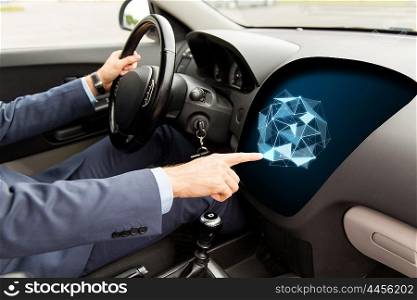 transport, business, modern technology and people concept - close up of man driving car and pointing finger to low poly shape on board computer screen
