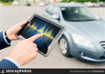 transport, business trip, technology and people concept - close up of male hands with diagram tablet pc computer screen and car outdoors