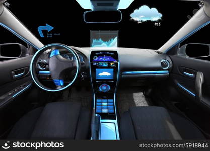 transport, destination and modern technology concept - car salon with navigation system on dashboard and meteo sensor on windshield