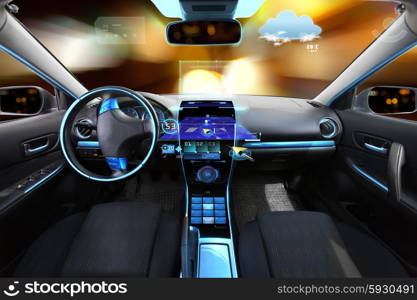 transport, destination and modern technology concept - car salon with navigation system on dashboard and meteo sensor on windshield over night lights background