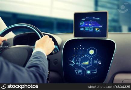 transport, destination, modern technology and people concept - close up of man driving car with navigation system on tablet pc computer and charts