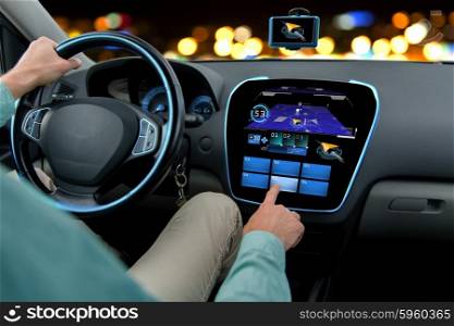 transport, destination, modern technology and people concept - close up of man driving car with navigation system on board computer