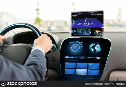 transport, destination, modern technology and people concept - close up of man driving car with navigation system on tablet pc computer