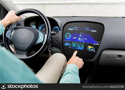 transport, destination, navigation, modern technology and people concept - close up of man driving car with gps navigator map on board computer screen