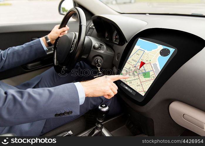 transport, destination, navigation, modern technology and people concept - close up of man driving car with gps navigator map on board computer screen