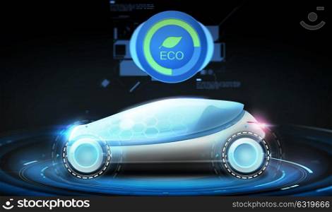 transport, environment and future technology - futuristic concept car with eco icon over black background. futuristic concept car with eco icon