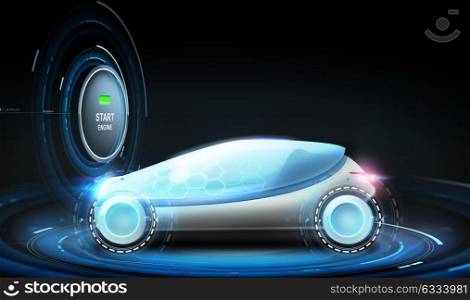 transport, environment and future technology - futuristic concept car with eco icon over black background. futuristic concept car with eco icon