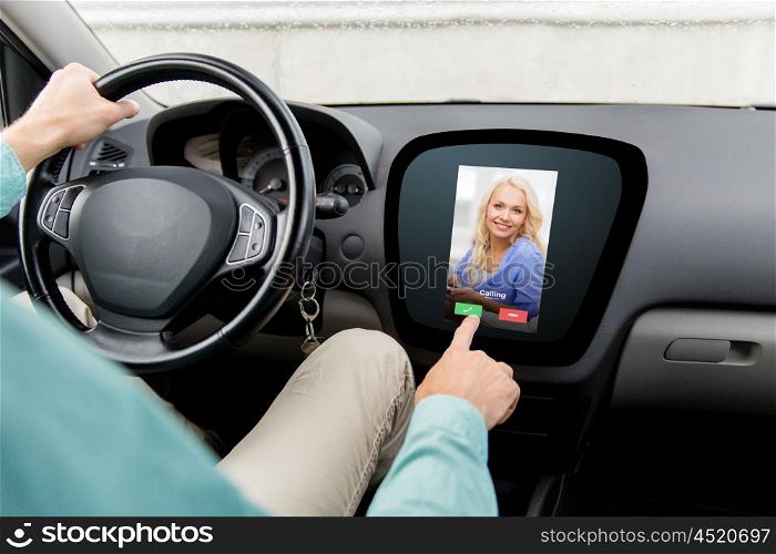 transport, modern technology, communication and people concept - close up of man driving car and receiving video call from woman on board computer screen