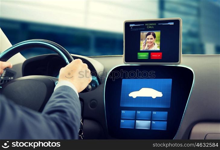 transport, modern technology, communication and people concept - close up of man driving car and receiving incoming call from woman on tablet pc computer