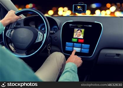 transport, modern technology, communication and people concept - close up of man driving car and receiving call from woman on board computer screen