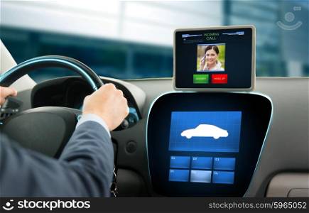 transport, modern technology, communication and people concept - close up of man driving car and receiving incoming call from woman on tablet pc computer