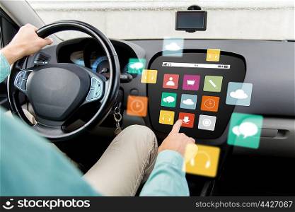 transport, modern technology, multimedia and people concept - close up of man driving car with menu icons on board computer screen
