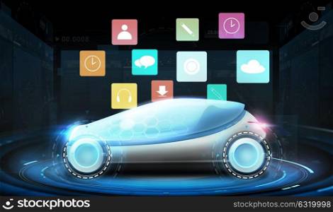 transport, multimedia and future technology - futuristic concept car with virtual menu icons over black background. futuristic concept car with virtual menu icons