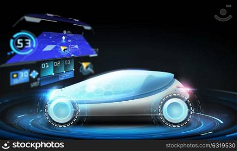 transport, navigation and future technology concept - futuristic concept car with gps navigator projection over black background. futuristic concept car with gps navigator