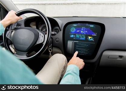 transport, navigation, destination, modern technology and people concept - close up of man driving car with gps navigator on board computer screen