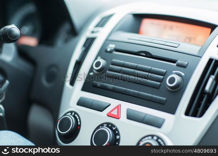 transport, technology and vehicle concept - close up of car dashboard or onboard computer