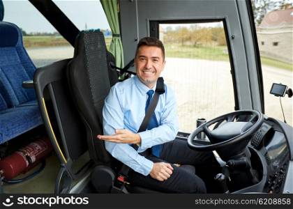 transport, tourism, road trip, gesture and people concept - happy driver inviting on board of intercity bus