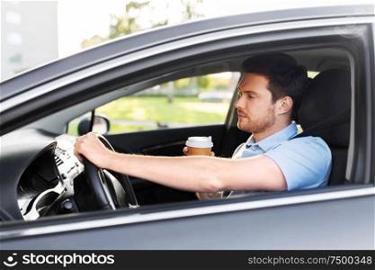 transport, vehicle and driving concept - tired sleepy man or car driver with takeaway coffee cup. tired man driving car with takeaway coffee