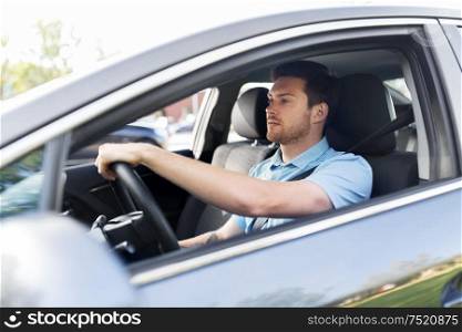 transport, vehicle and people concept - man or driver driving car in summer. man or driver driving car in summer