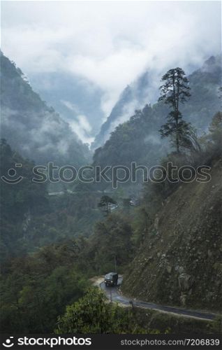 Transport vehicle in high mountain passes at Lachun, Sikkim, India