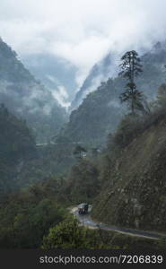 Transport vehicle in high mountain passes at Lachun, Sikkim, India