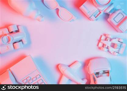 transport vehicle telephone light bulb spectacle camera pink background