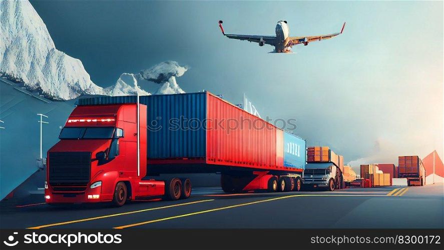 Transportation and logistic import export and transport industry of truck container cargo ship. Generative ai illustration . Transportation and logistic import export and transport industry of truck container cargo ship. Generative ai 