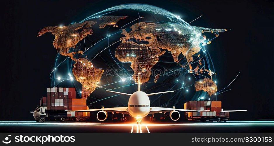 Transportation and logistic network distribution ai digital future network of cargo containers logistics transport import export concept. Ai generative illustration. . Transportation and logistic network distribution ai digital future network of cargo containers logistics transport import export concept. Ai generative. 