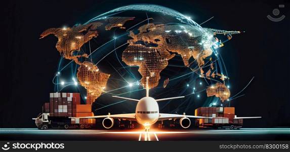 Transportation and logistic network distribution ai digital future network of cargo containers logistics transport import export concept. Ai generative illustration. . Transportation and logistic network distribution ai digital future network of cargo containers logistics transport import export concept. Ai generative. 
