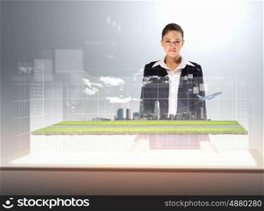 Transportation and travel. Image of young businesswoman standing against high-tech picture of airplane