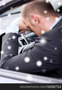 transportation, danger, people and vehicle concept - close up of businessman sitting and sleeping in car