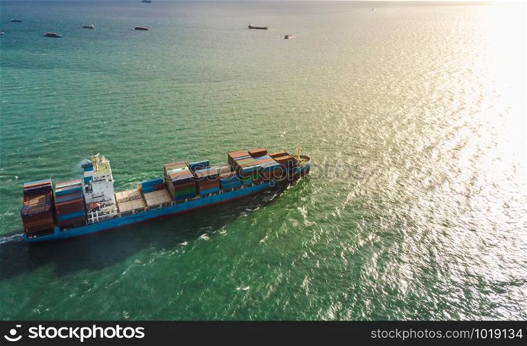 transportation logistics cargo shipping fright and import export business open sea asia pacific aerial view from drones camera evening time