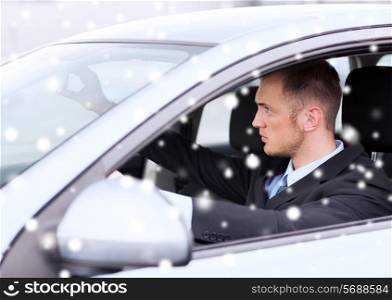 transportation, people and vehicle concept - close up of businessman driving car