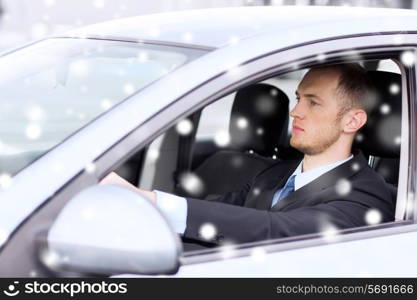 transportation, people and vehicle concept - close up of businessman driving car