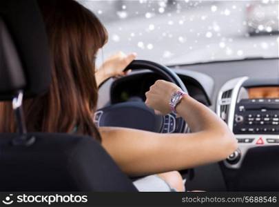 transportation, people and vehicle concept - close up of businesswoman driving car