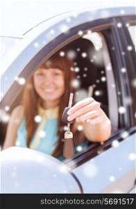 transportation, people, season and ownership concept - close up of smiling woman with car key outdoors