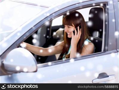 transportation, people, technology and vehicle concept - close up of smiling woman using smartphone while driving car