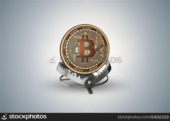 Trap with bitcoin in dangers of cryptocurrencies concept - 3d rendering