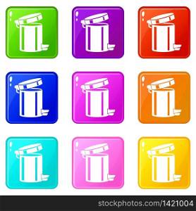 Trash bin icons set 9 color collection isolated on white for any design. Trash bin icons set 9 color collection
