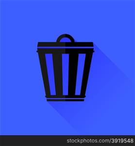 Trash Can Isolated on Blue Background. Long Shadow.. Trash Can