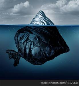 Trash iceberg as a garbage bag iceberg in the ocean or polluted sea as an environmental symbol for global pollution in a 3D illustration style.