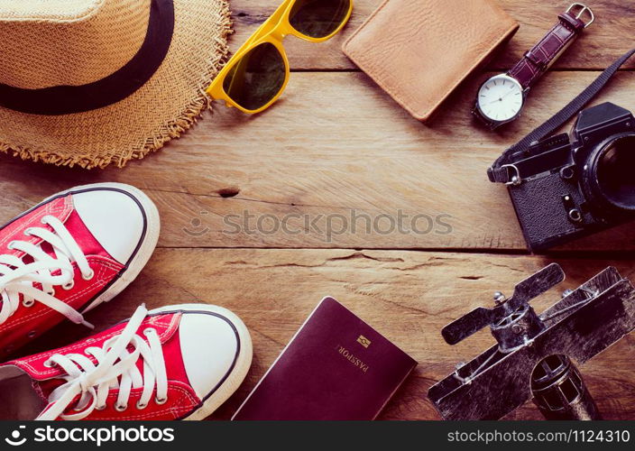 Travel accessories costumes. Passports, luggage, The cost of travel maps prepared for the trip