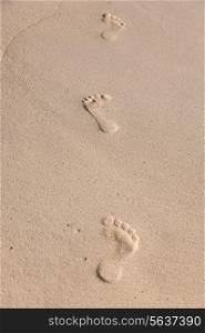 travel, adventure and beach concept - footprints on sand
